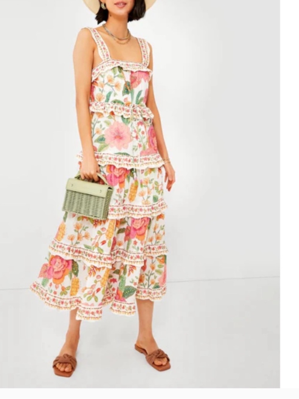 Farm Rio Floral Tiered Maxi Dress Size Medium Tropical Ruffle Cottagecore Resort